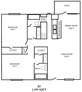 B1 - Two Bedroom / Two Bath - 1,100 Sq. Ft.*